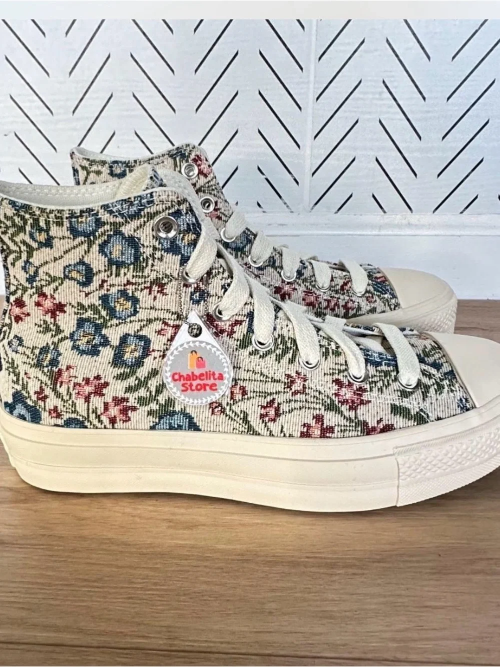 Converse Chuck Taylor High-Top Canvas Sneakers in Cream and Blue
